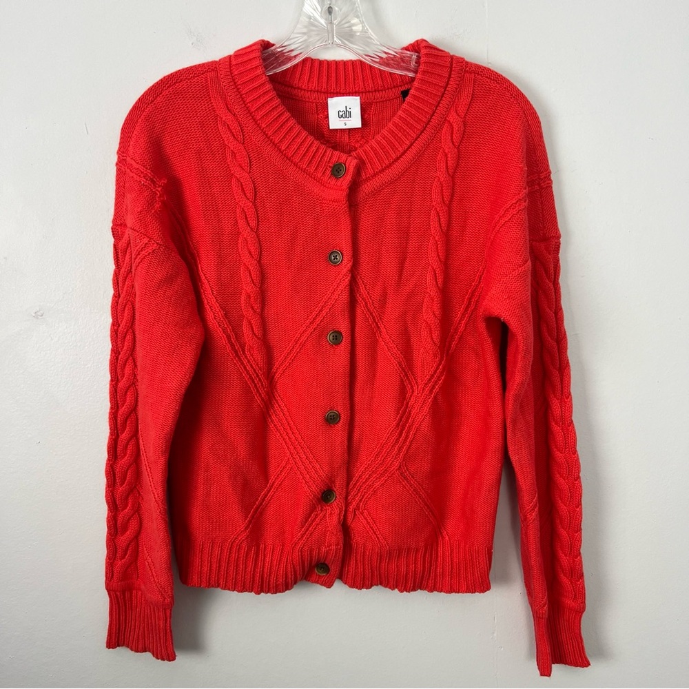 CAbi 5449 Red Orange Cable Knit Cardigan Sweater